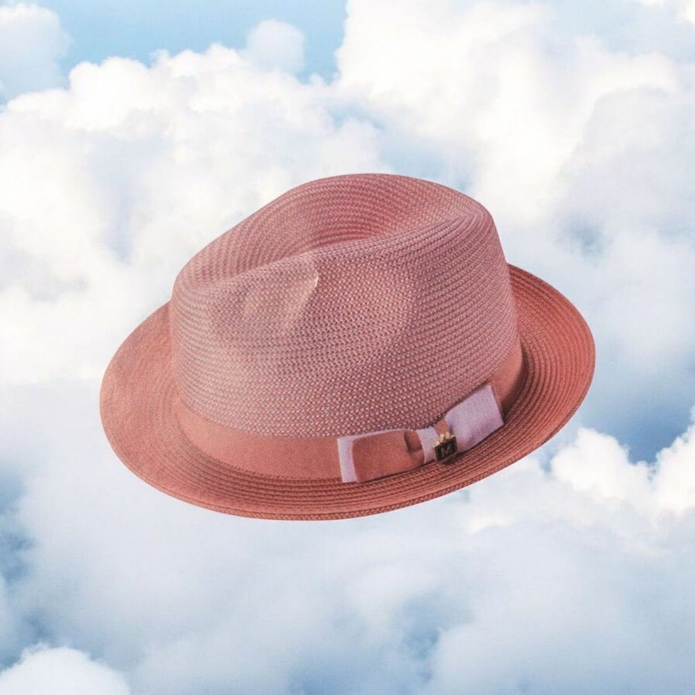 MONTIQUE MENS SALMON BRAIDED TWO TONE STINGY BRIM PINCH FEDORA HAT. H68.